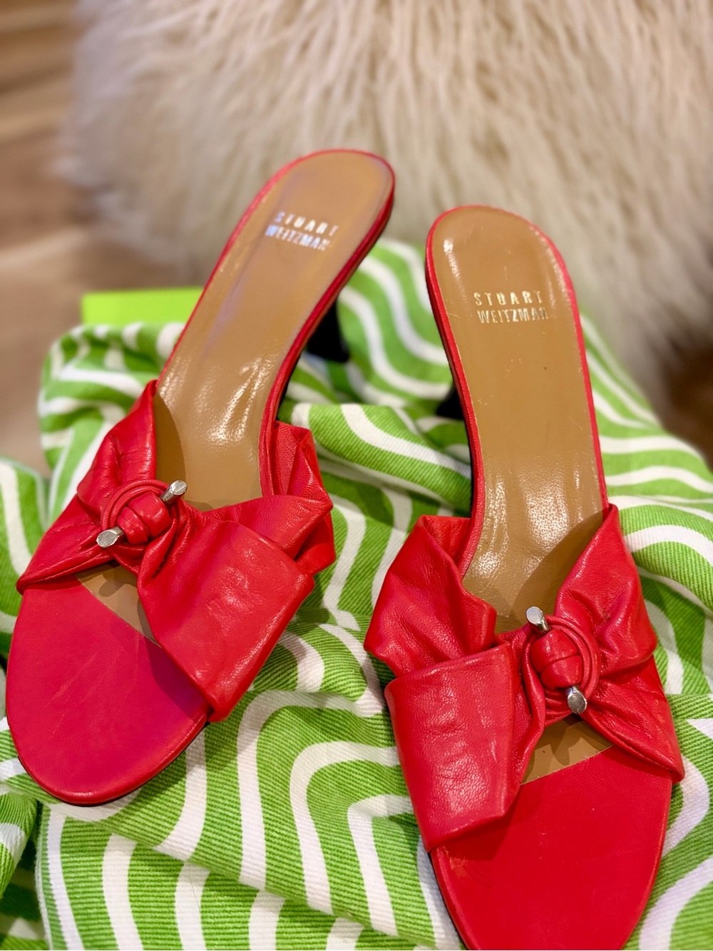 Stuart Weitzman Bright Red Leather Knot Slide Sandals